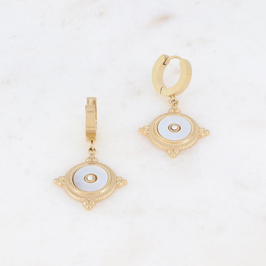 Créoles avec pampille ronde, strass, nacre 2,1X3,8 CM