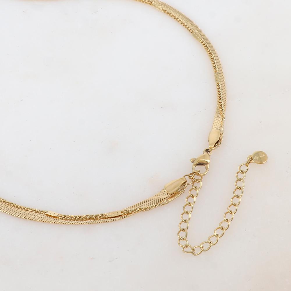 Collier 2 rangs avec maille miroir, pendentif rond, étoile et strass blanc (40/50+7CM)