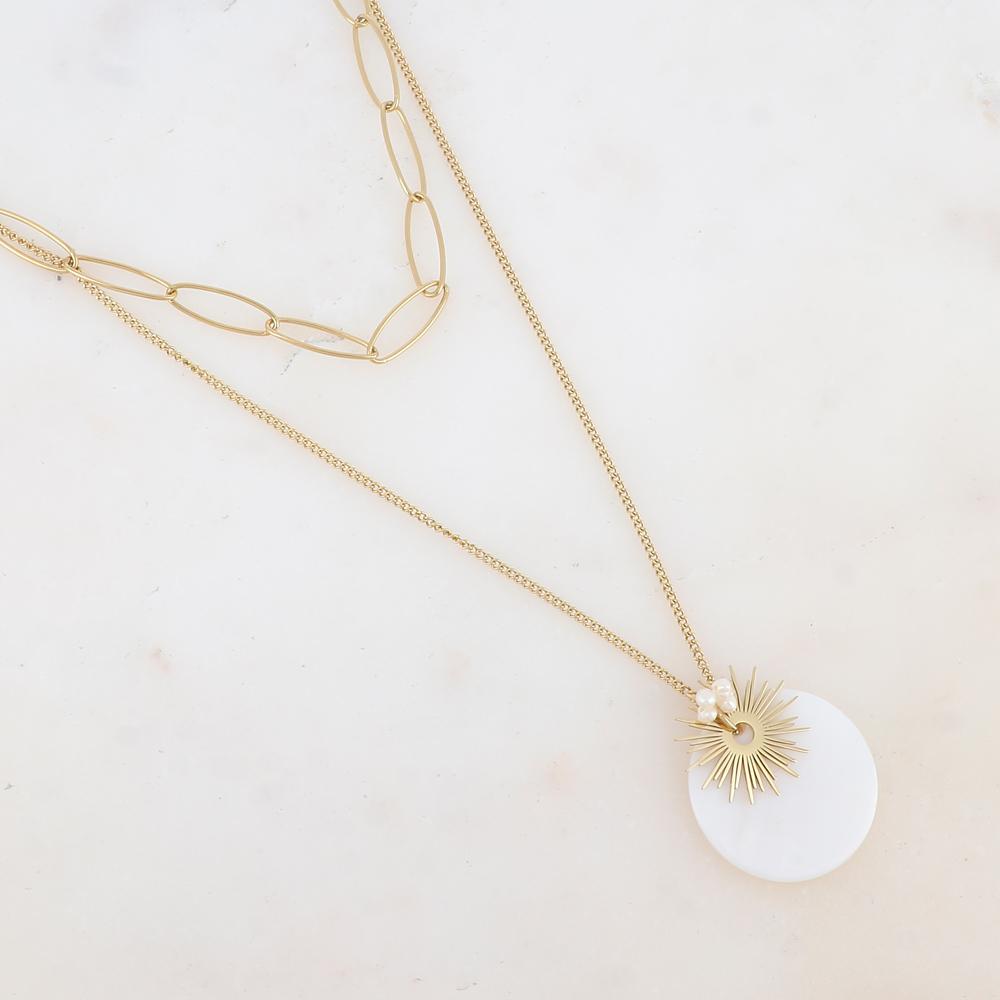 Collier 2 rangs avec maille, soleil, perles d'eau douce, soleil et pendentif en nacre blanche (38/50+7CM)