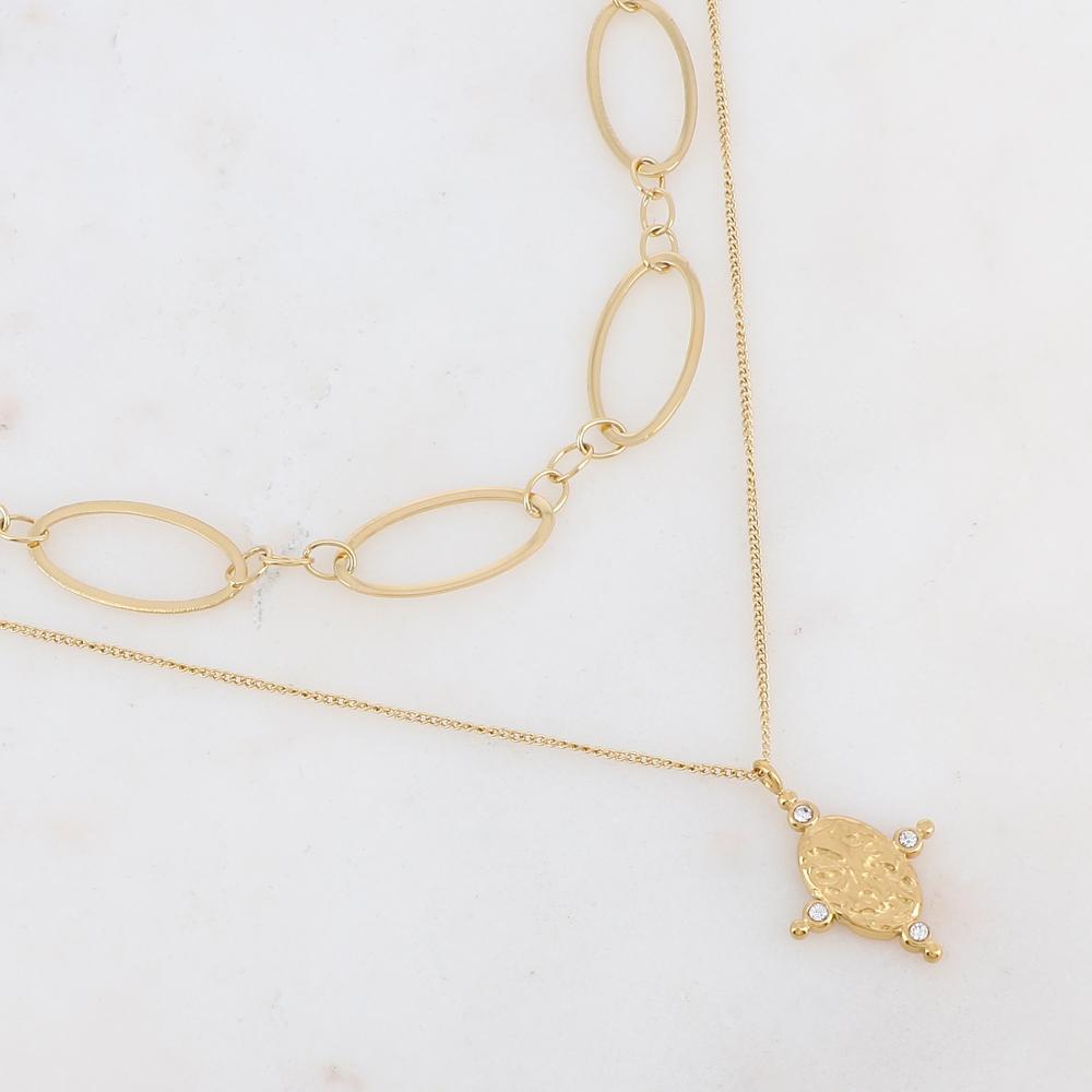 Collier 2 rangs composé d'un pendent orné de strass blancs 38/42+7 cm