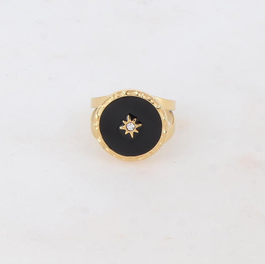 Bague avec pièce ronde émaillée, étoile et strass - Noir