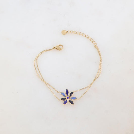 Bracelet deux rangs avec pendant fleur émaillée et strass