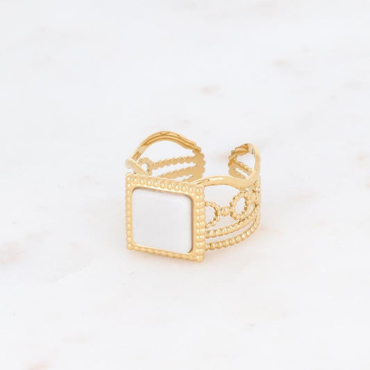 Bague ajourée avec une pierre naturelle carrée - Nacre