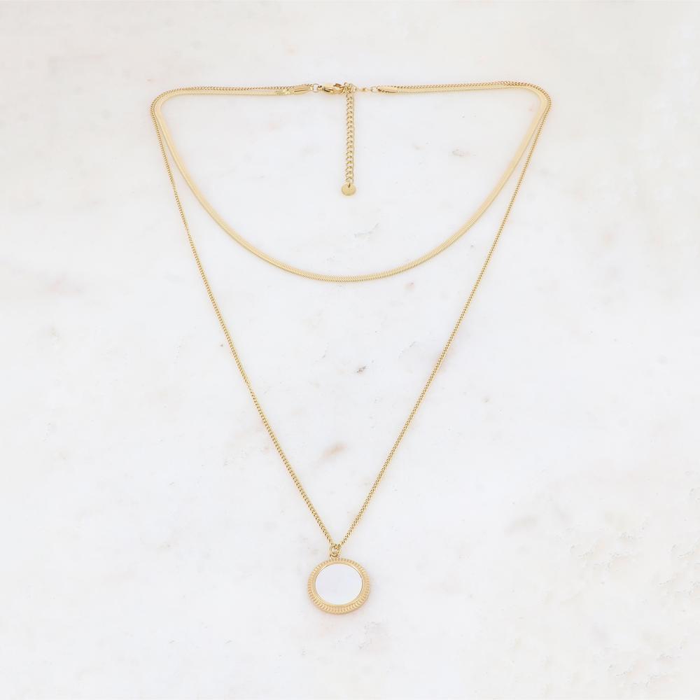 Collier 2 rangs avec une pampille ronde ornée d'une nacre blanche 39/56+7 cm