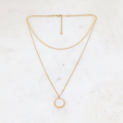 Collier 2 rangs avec une pampille ronde ornée d'une nacre blanche 39/56+7 cm