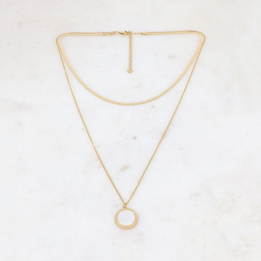 Collier 2 rangs avec une pampille ronde ornée d'une nacre blanche 39/56+7 cm