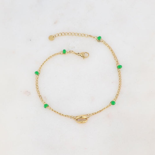 Chaîne de cheville deux rangs avec boules émaillées et cauri (22 + 3CM)