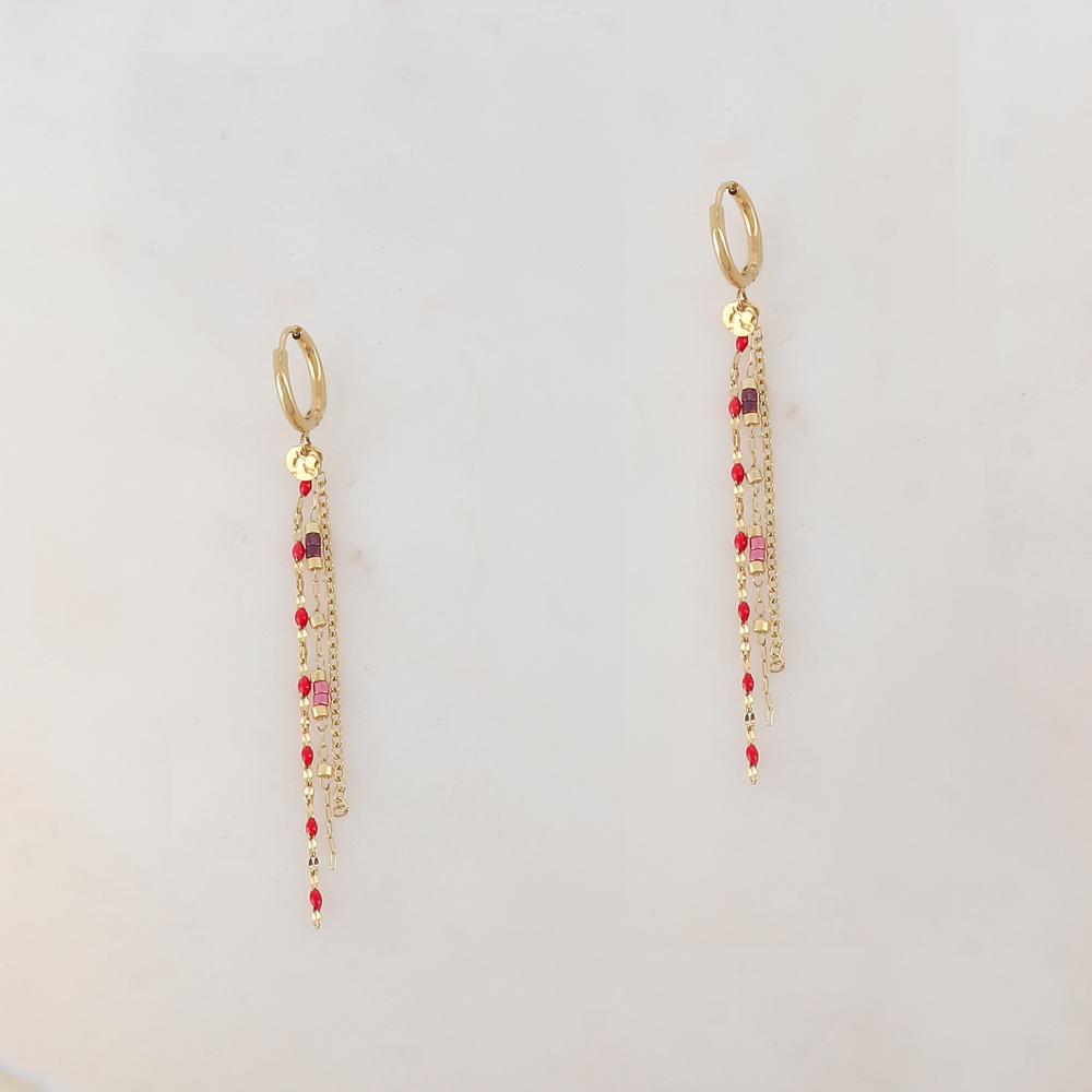 Créoles pendantes avec 3 chaines, pampille ronde, petites rondelles et pièces émaillées 1,2 x 6,8 CM.