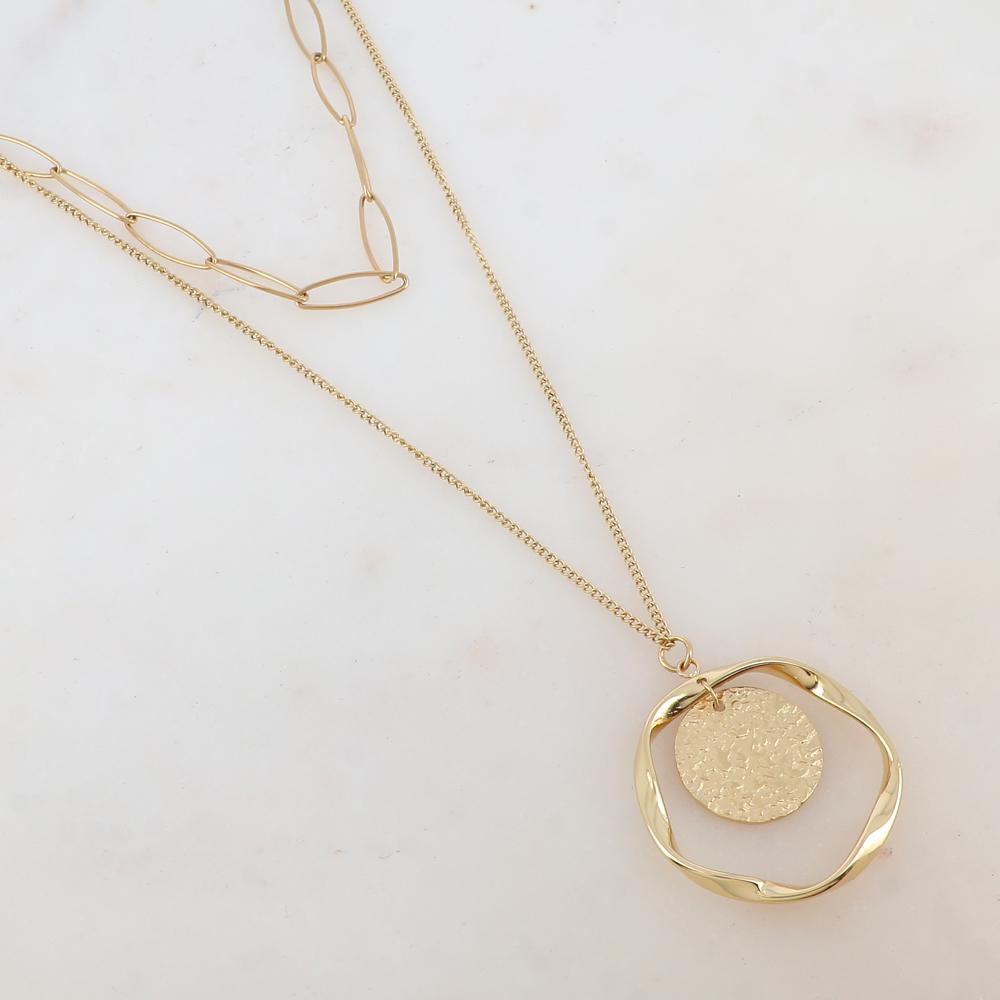 Collier avec maille, pendentif rond martelé et anneau ondulé (38/50+7CM)