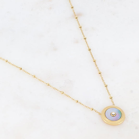 Collier avec une pampille ronde ornée d'une nacre grise et d'un strass 39+7 cm