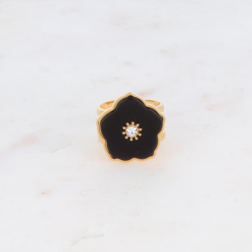 Bague double rangs avec fleur en pierre naturelle et strass - Onyx