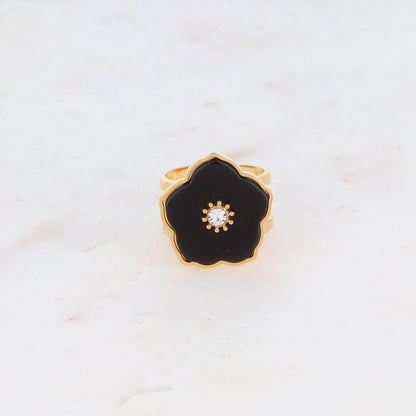 Bague double rangs avec fleur en pierre naturelle et strass - Onyx
