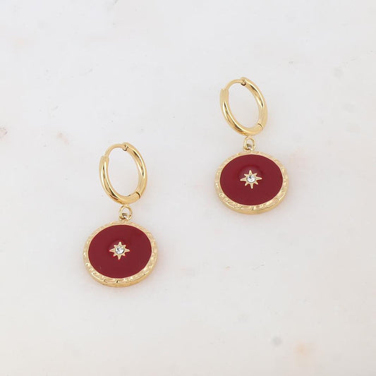 Créoles avec pendentif rond émaillé, étoile et strass 1,6 x 3,3CM.