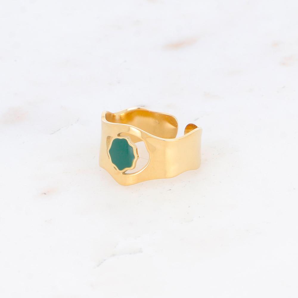 Bague avec pièce géométrique ondulée, émail - Vert