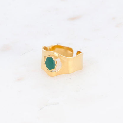 Bague avec pièce géométrique ondulée, émail - Vert