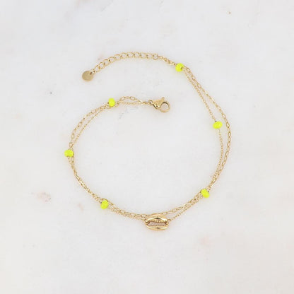 Chaîne de cheville deux rangs avec boules émaillées et cauri (22 + 3CM)