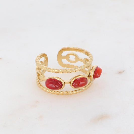 Bague 3 rangs avec pierres naturelles - Cornaline