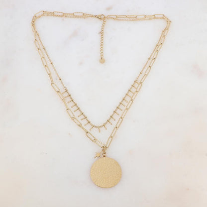 Collier 2 rangs en maille avec picots, pendentif rond martelé et pampille étoile (38/45+5CM)