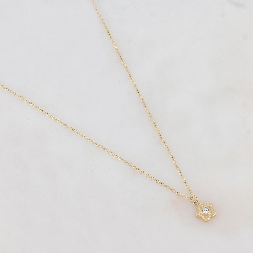 Collier doré avec un pendentif fleur serti d'un strass blanc 41+5 cm