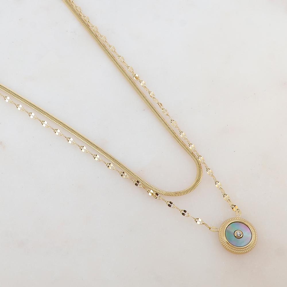 Collier double rangs doré avec une pampille ronde ornée d'une nacre grise 38/42,5+7 cm