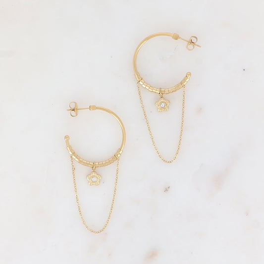 Créoles à puce avec chaînes tombantes, petites rondelles et pampille fleur strassée 2,8 x 6 cm.