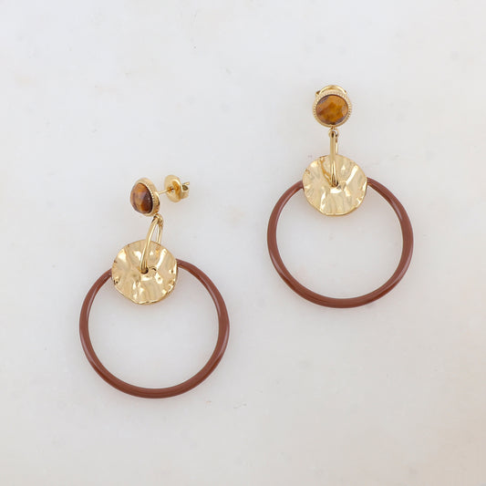 B.O à puce avec anneau émaillé, pampille ronde ondulée et pierre naturelle 3 x 4,8 cm.