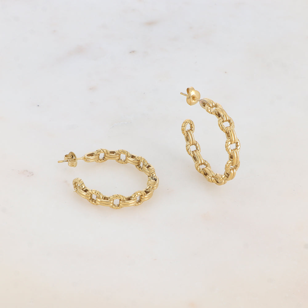 Créoles à puce dorées style multi-ronds entrelacés 3,4 cm.