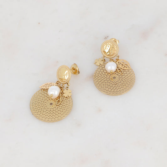 B.O à puce avec 2 pièces rondes, chaîne, trèfle et perles d'eau douce 1 x 2,3 cm.