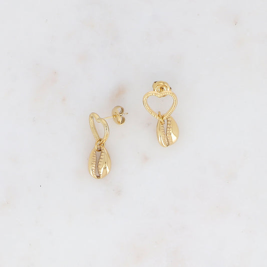 B.O à puce avec cœur texturé et cauri métal 1,2 x 2,3 cm