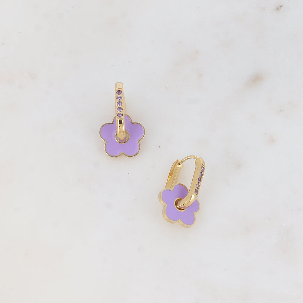 Créoles fleur émaillée et anneau avec oxydes de zirconium 15 x 27 mm