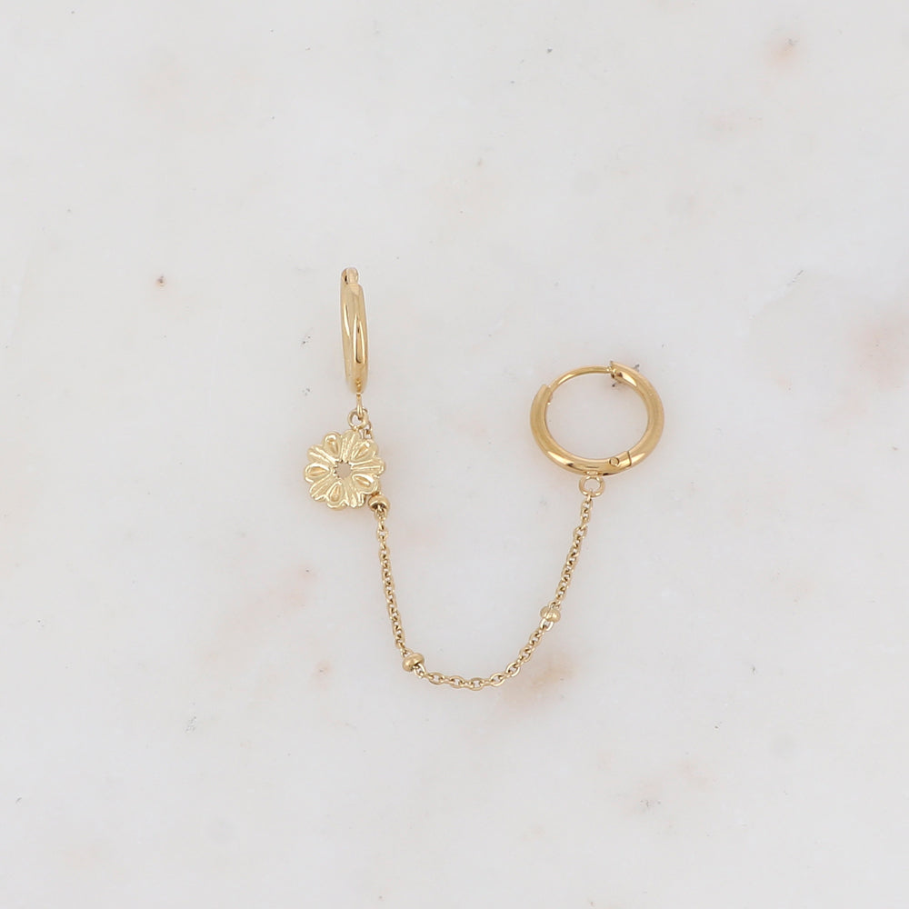 Mono créole avec chaîne, pampille fleur ajourée Longueur chaîne : 5,5 cm. Diamètre créoles: 1,2 cm
