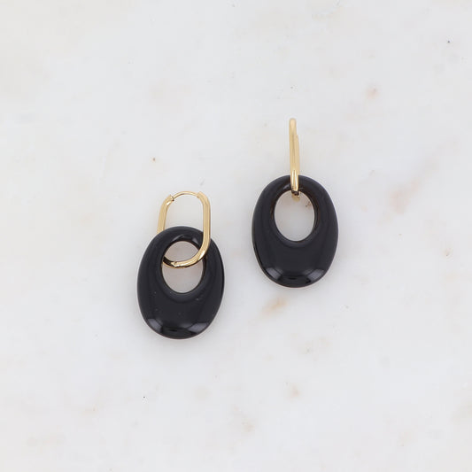 Créoles avec pièce ovale ajourée en résine 2,3 x 4,9 cm.