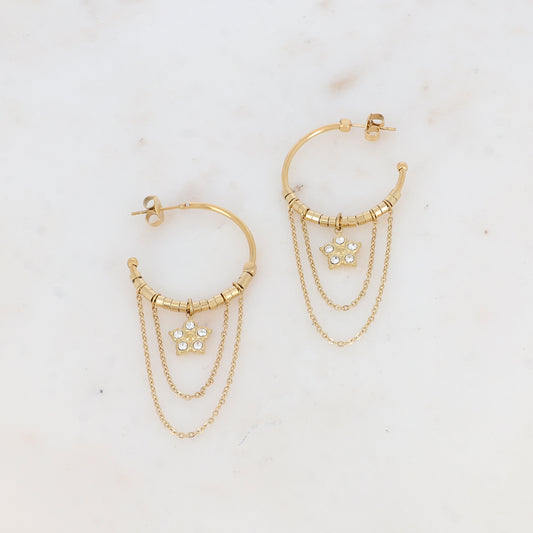 Créoles à puce avec chaînes tombantes, petites rondelles et pampille strassée 2,8 x 6 cm.