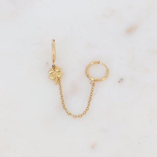 Mono créole avec chaîne, pampille forme trèfle Longueur chaîne : 5,5 cm. Diamètre créoles: 1,2 cm