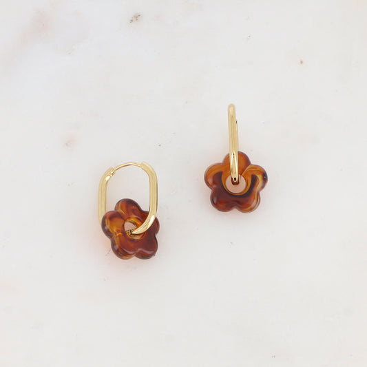 Créoles rectangulaires avec perle de fleur en acétate 1,6 x 2,8 cm