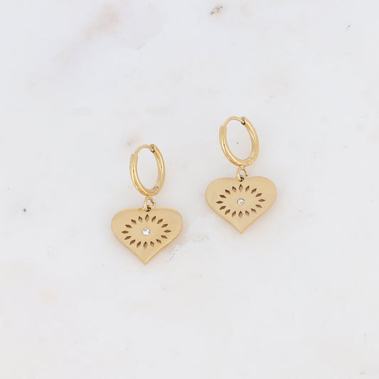 Créoles avec pampille en forme de cœur ajourée et strass 1,5 x 2,7 cm