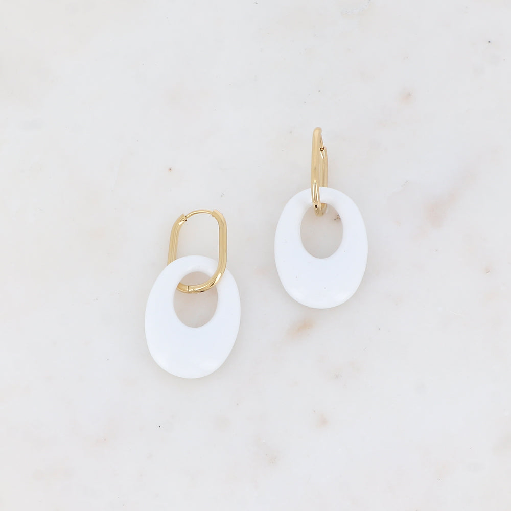 Créoles avec pièce ovale ajourée en résine 2,3 x 4,9 cm.