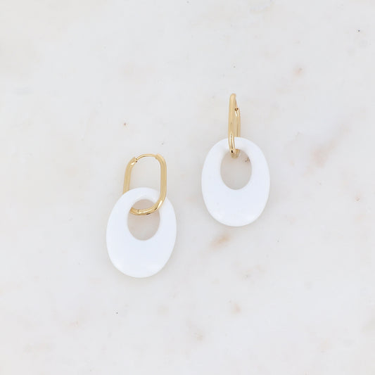 Créoles avec pièce ovale ajourée en résine 2,3 x 4,9 cm.