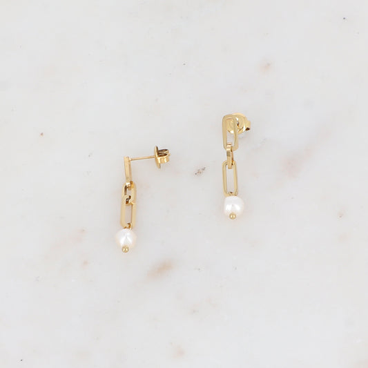B.O à puce pendantes en maille, perles d'eau douce 0,6 x 3,2 cm