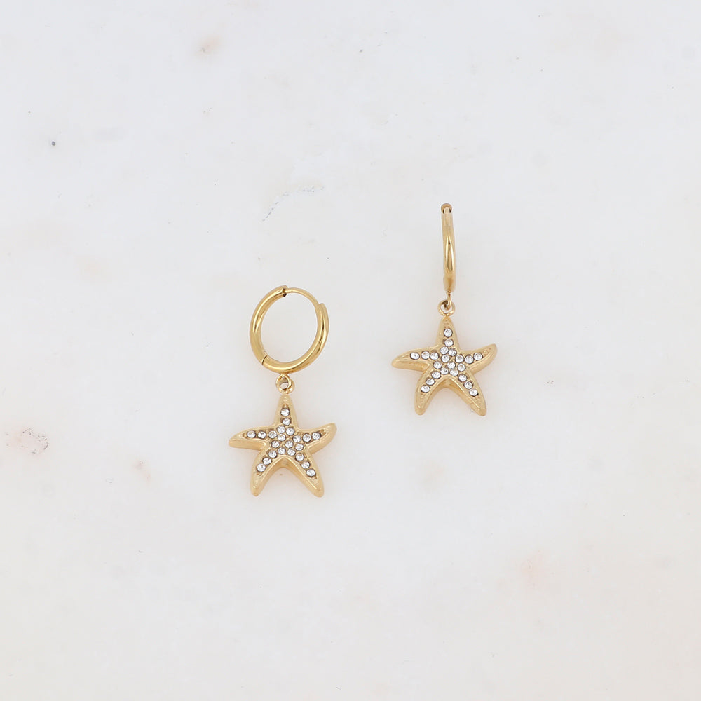 Créoles avec pampille étoile de mer strassée 1,5 X 3,1 cm.