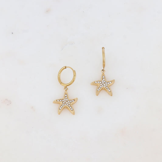 Créoles avec pampille étoile de mer strassée 1,5 X 3,1 cm.